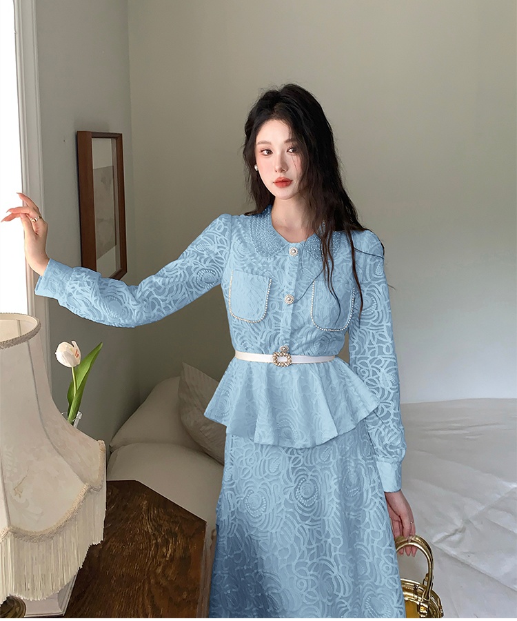 Pinched waist tops with belt long skirt 2pcs set