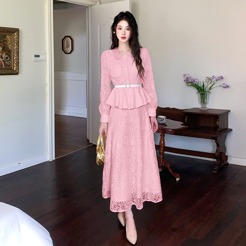 Pinched waist tops with belt long skirt 2pcs set