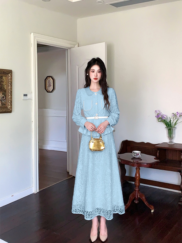 Pinched waist tops with belt long skirt 2pcs set