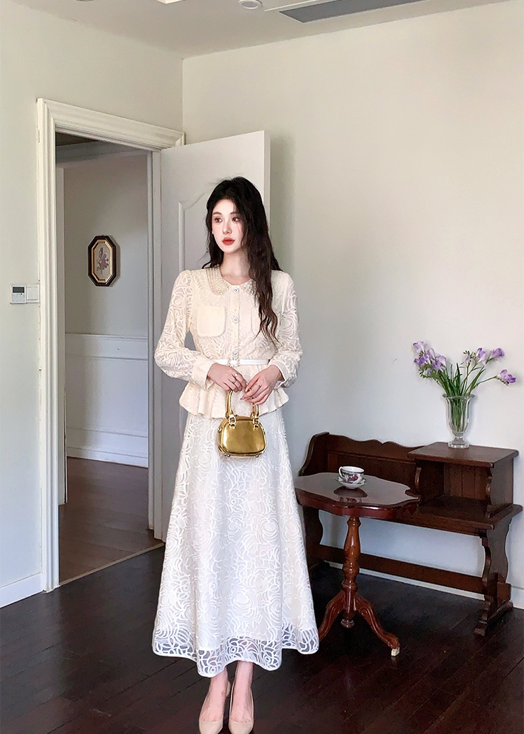 Pinched waist tops with belt long skirt 2pcs set