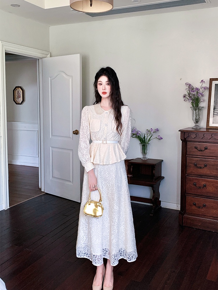 Pinched waist tops with belt long skirt 2pcs set