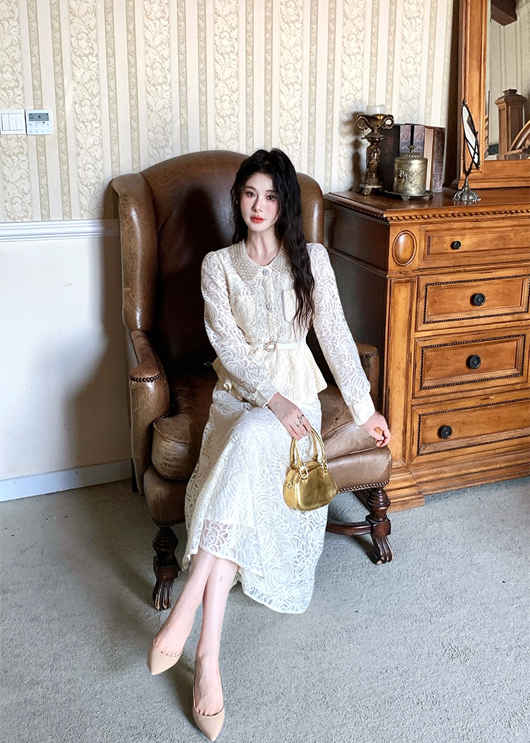 Pinched waist tops with belt long skirt 2pcs set