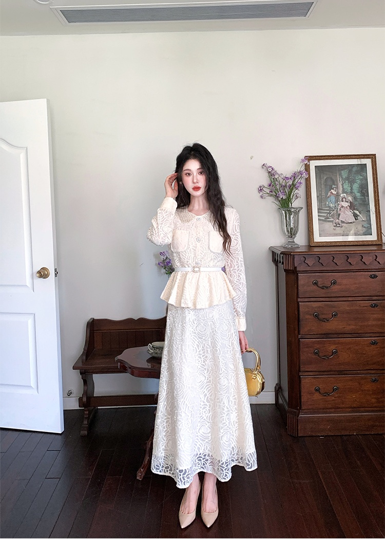 Pinched waist tops with belt long skirt 2pcs set