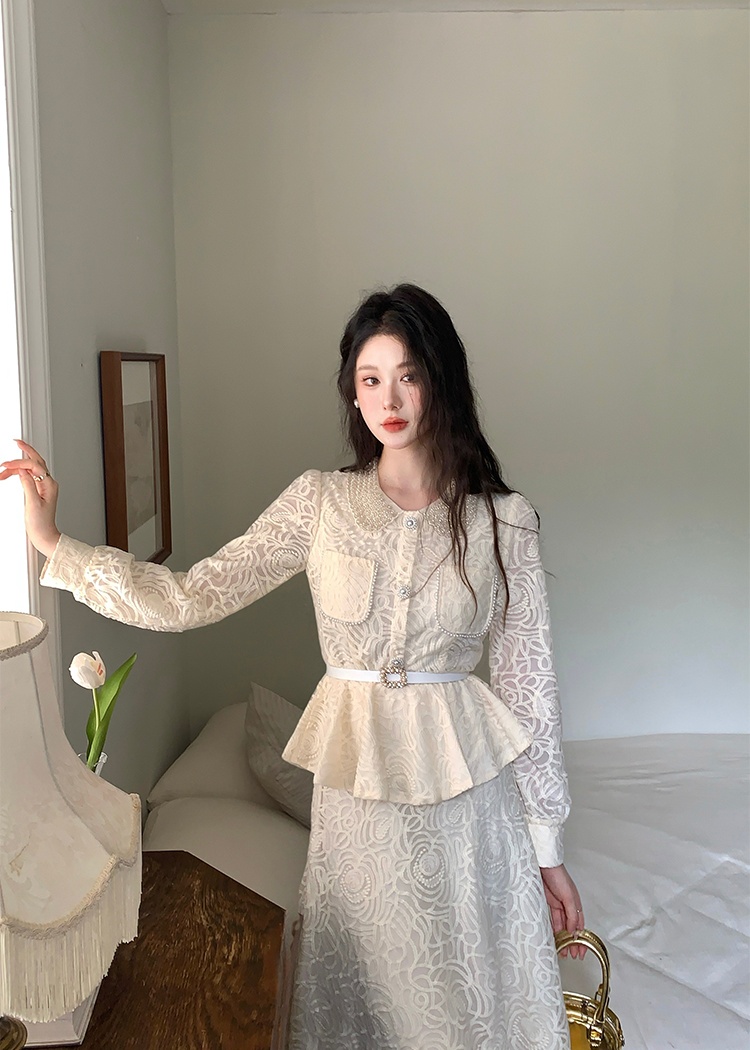 Pinched waist tops with belt long skirt 2pcs set