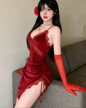 With perspective spicegirl Gloves red irregular dress