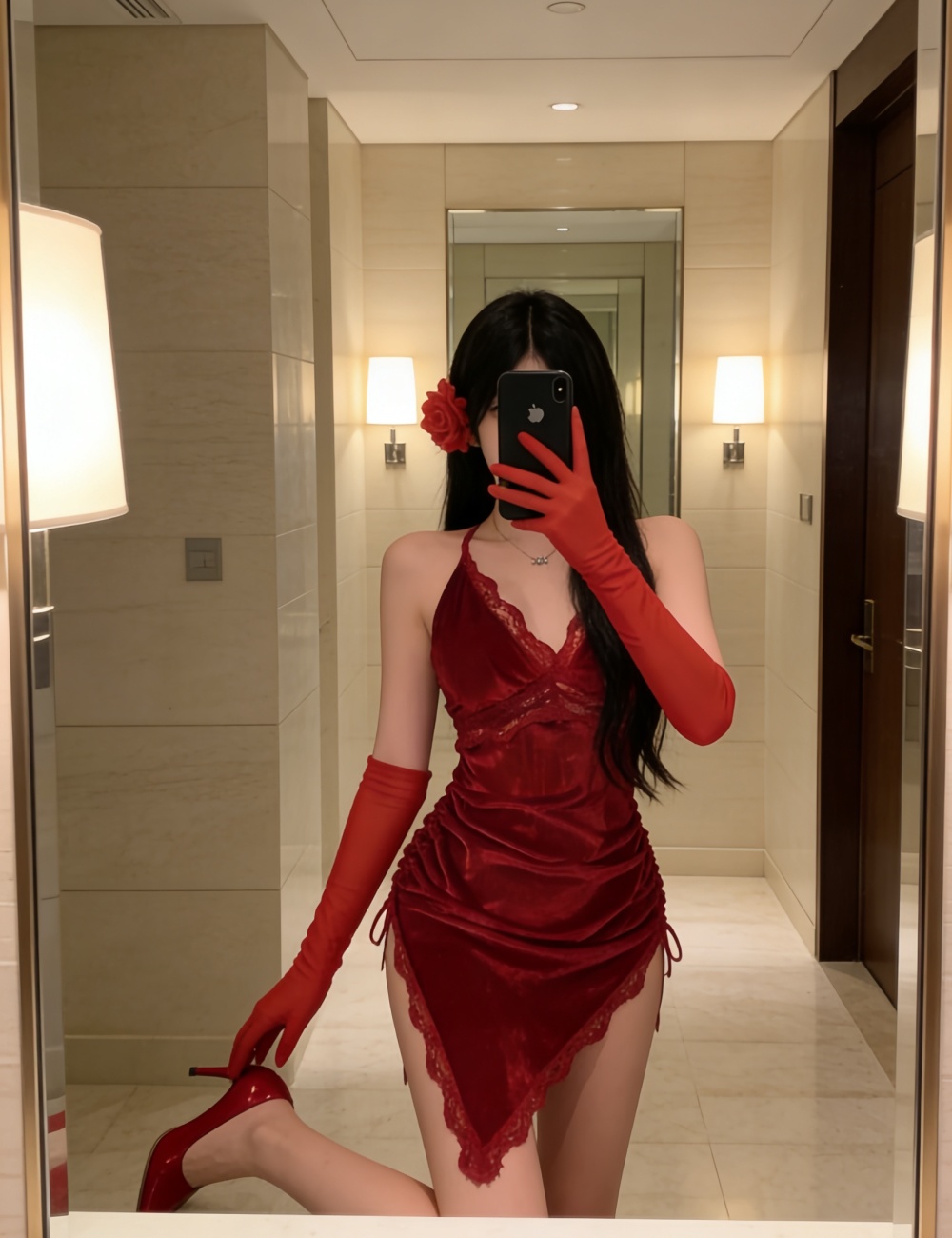 With perspective spicegirl Gloves red irregular dress