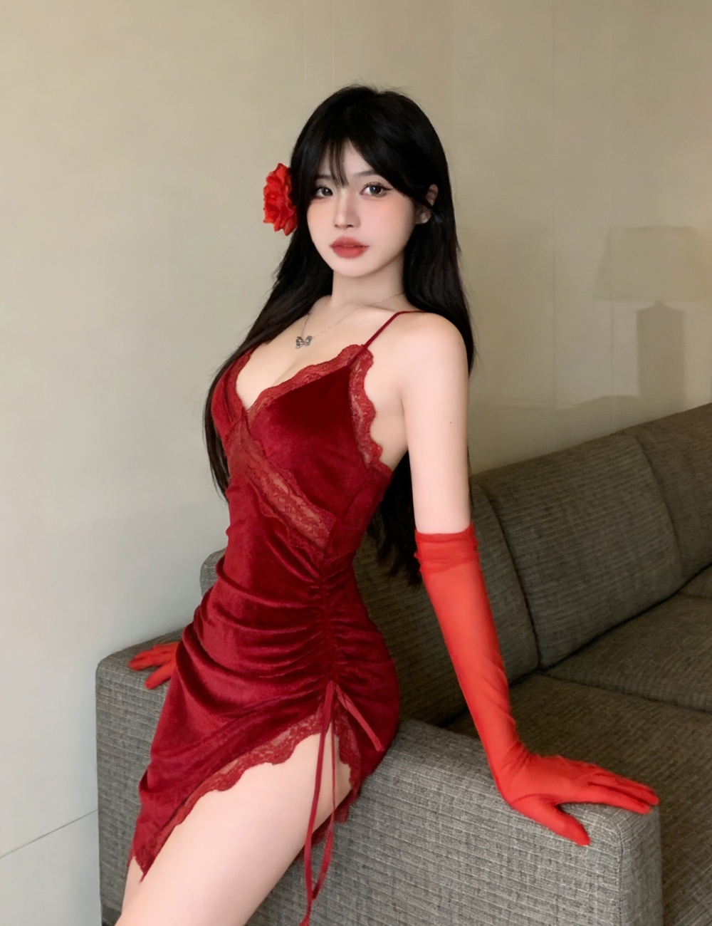 With perspective spicegirl Gloves red irregular dress