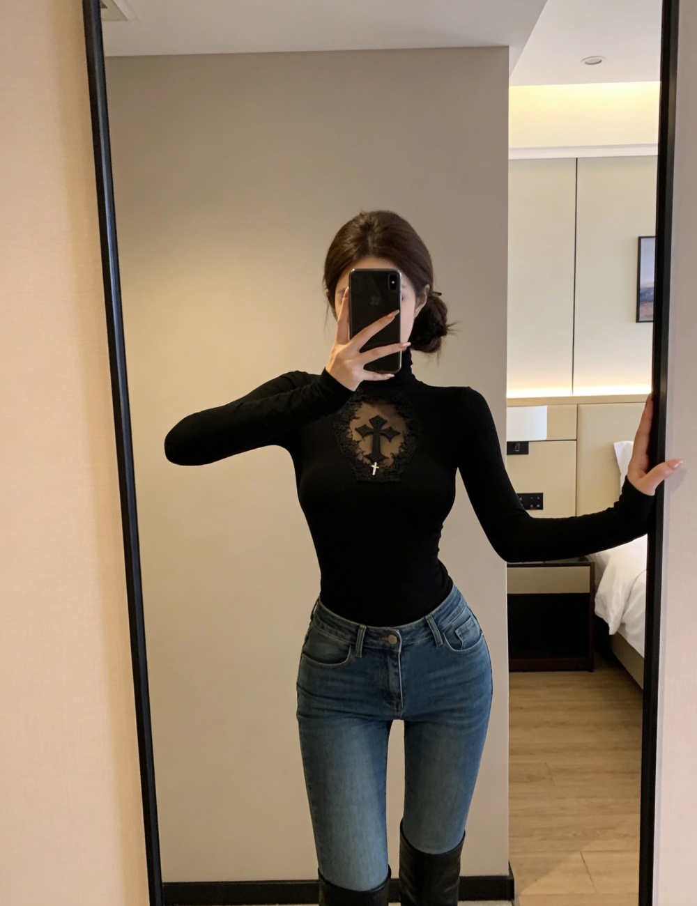 Fashion hollow tops high collar T-shirt for women