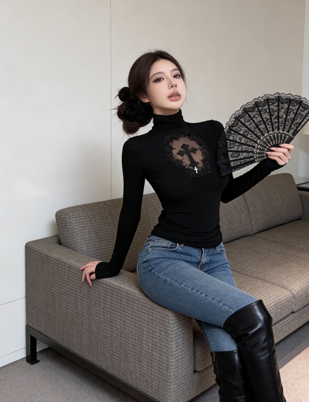 Fashion hollow tops high collar T-shirt for women