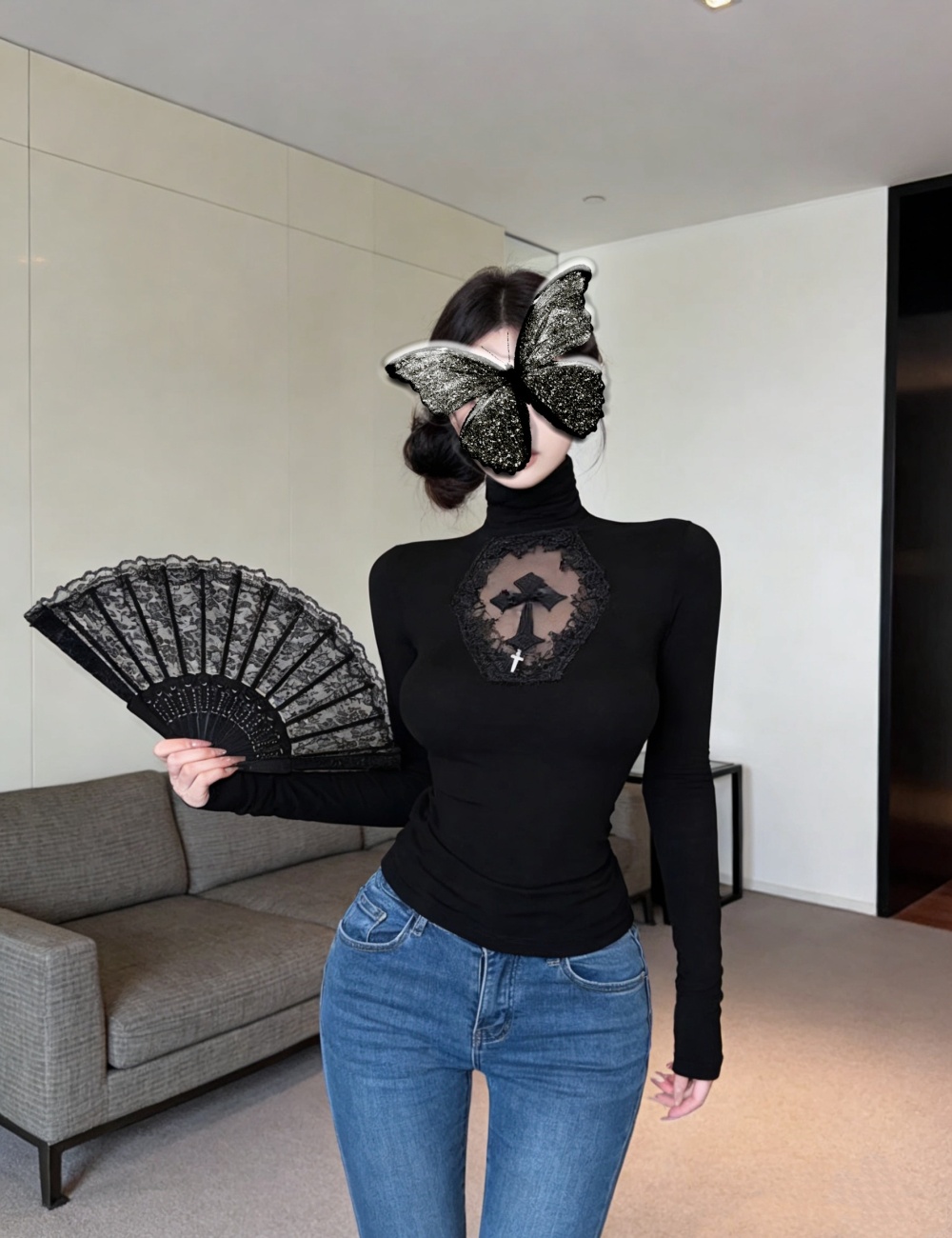 Fashion hollow tops high collar T-shirt for women