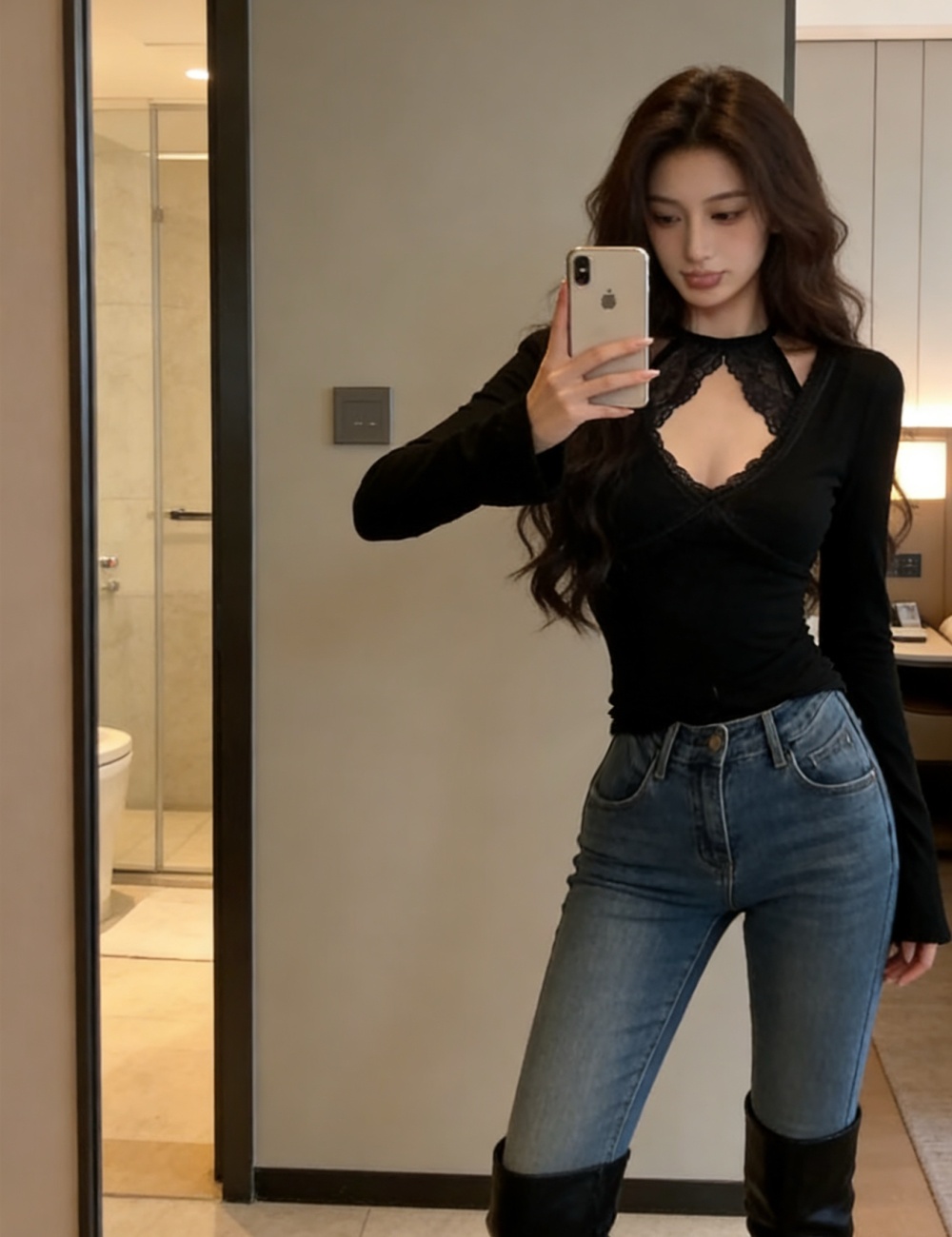 Halter long sleeve tops lace T-shirt for women