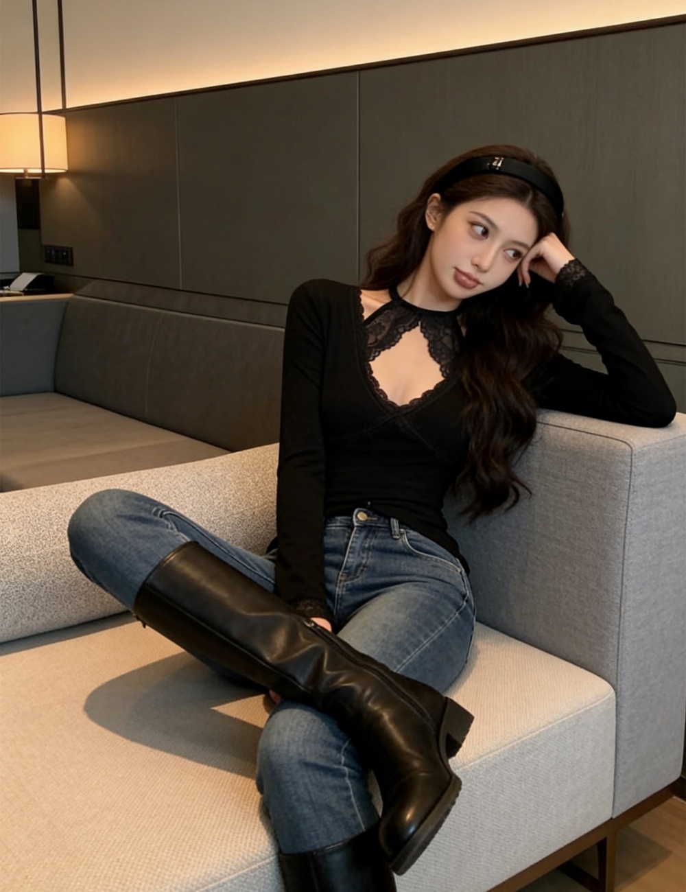 Halter long sleeve tops lace T-shirt for women