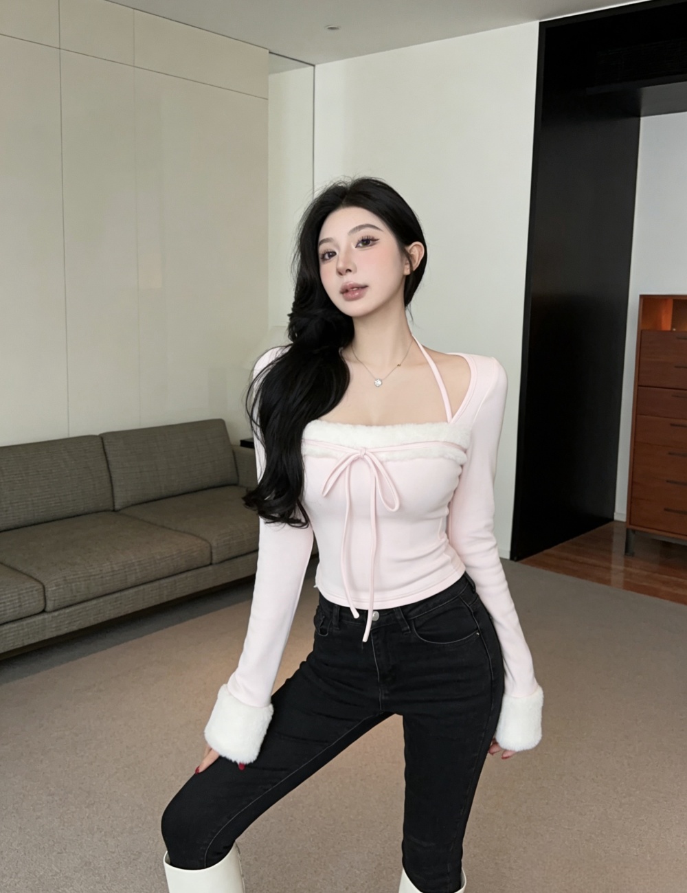 Enticement elmo tops stitching halter T-shirt for women