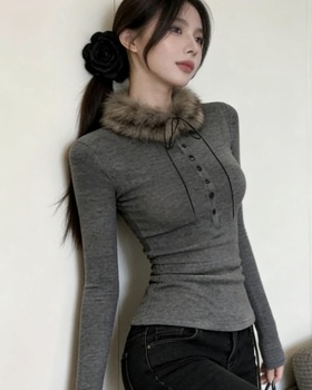 Long sleeve with fur collar tops gray slim T-shirt