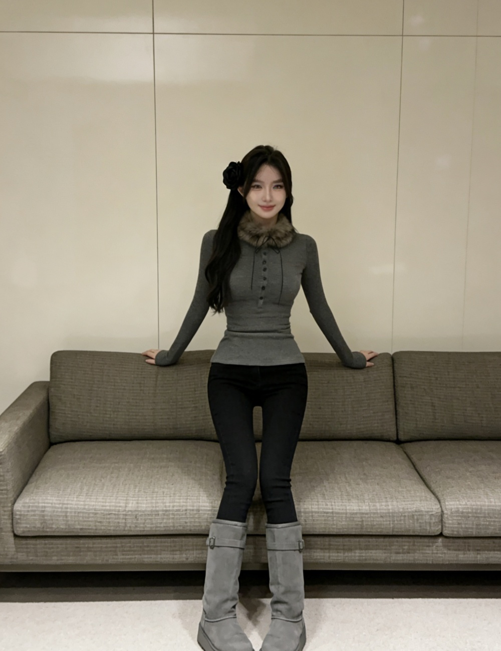 Long sleeve with fur collar tops gray slim T-shirt