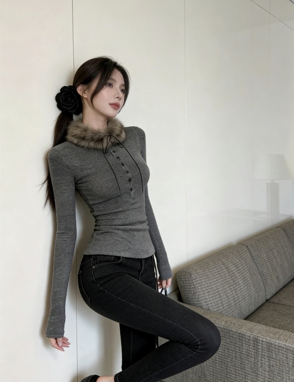 Long sleeve with fur collar tops gray slim T-shirt