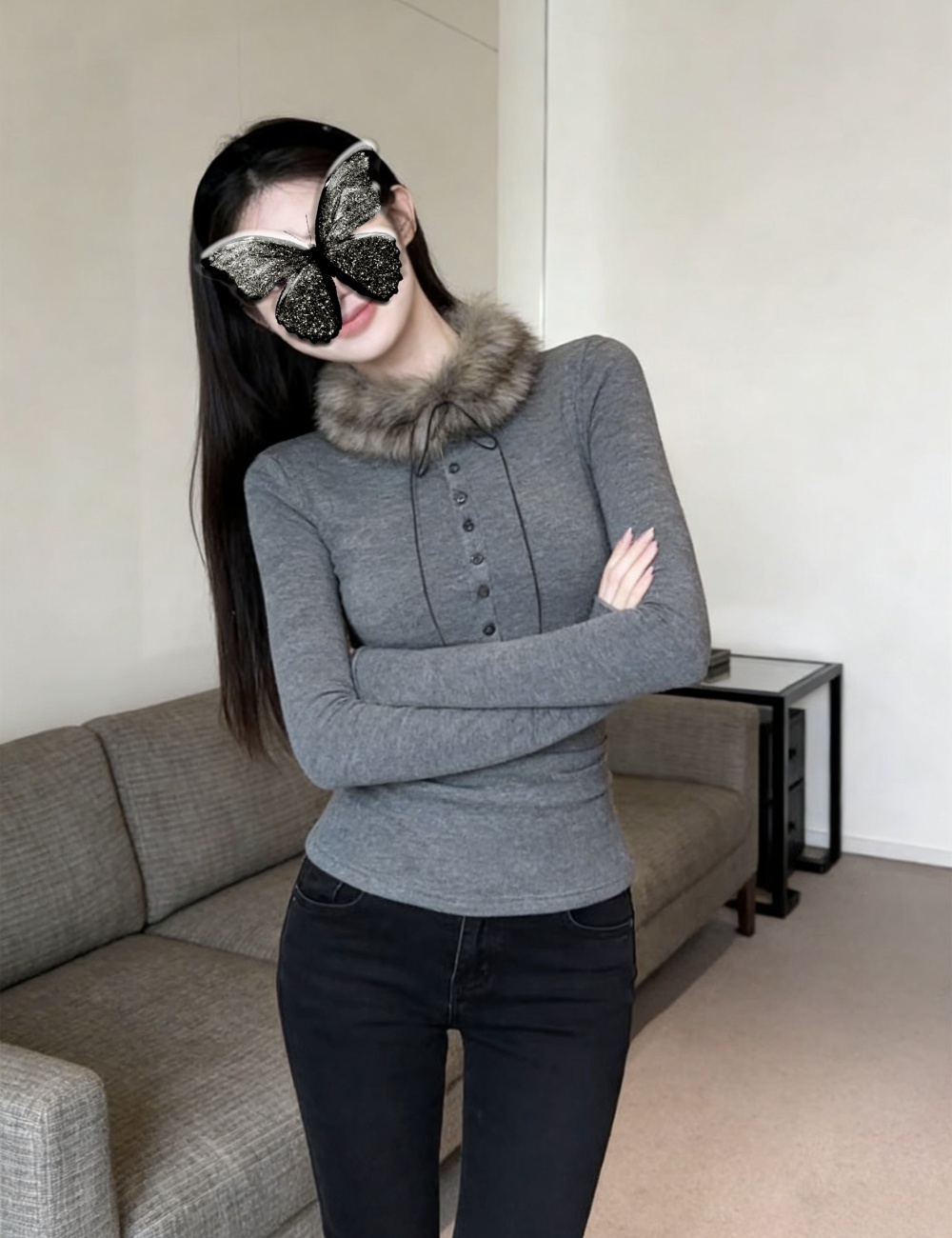 Long sleeve with fur collar tops gray slim T-shirt