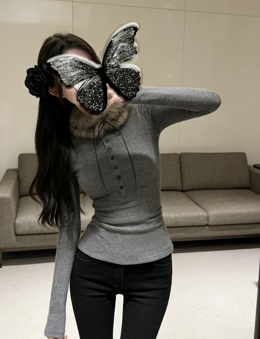 Long sleeve with fur collar tops gray slim T-shirt