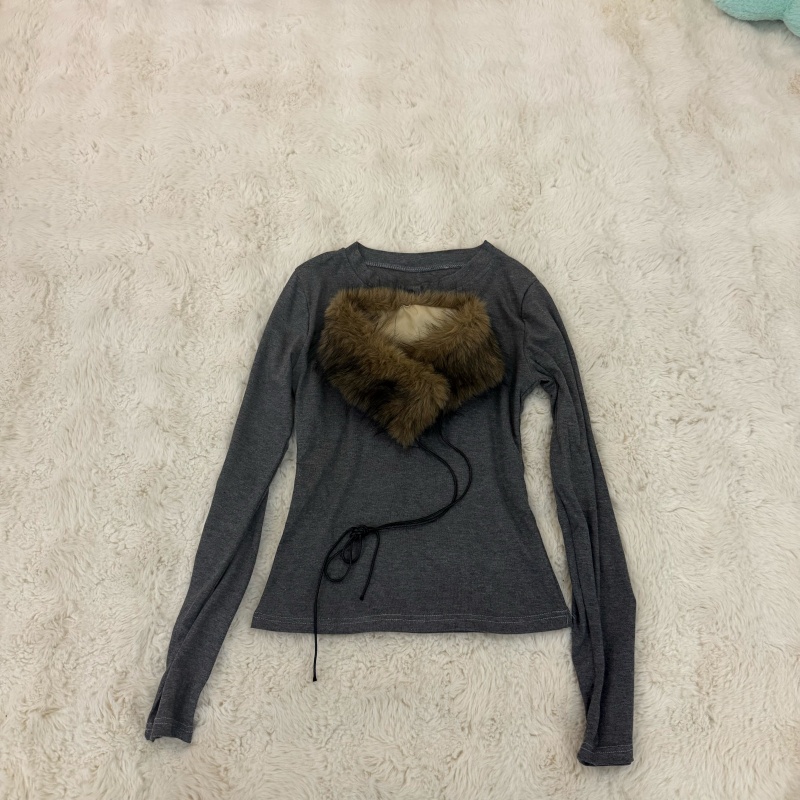 Long sleeve with fur collar tops gray slim T-shirt