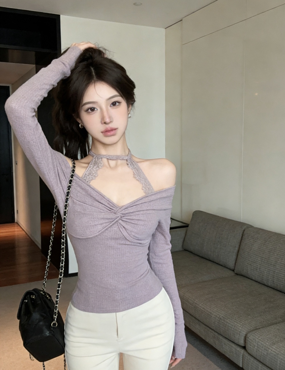 Personality long sleeve short slim halter fashion tops