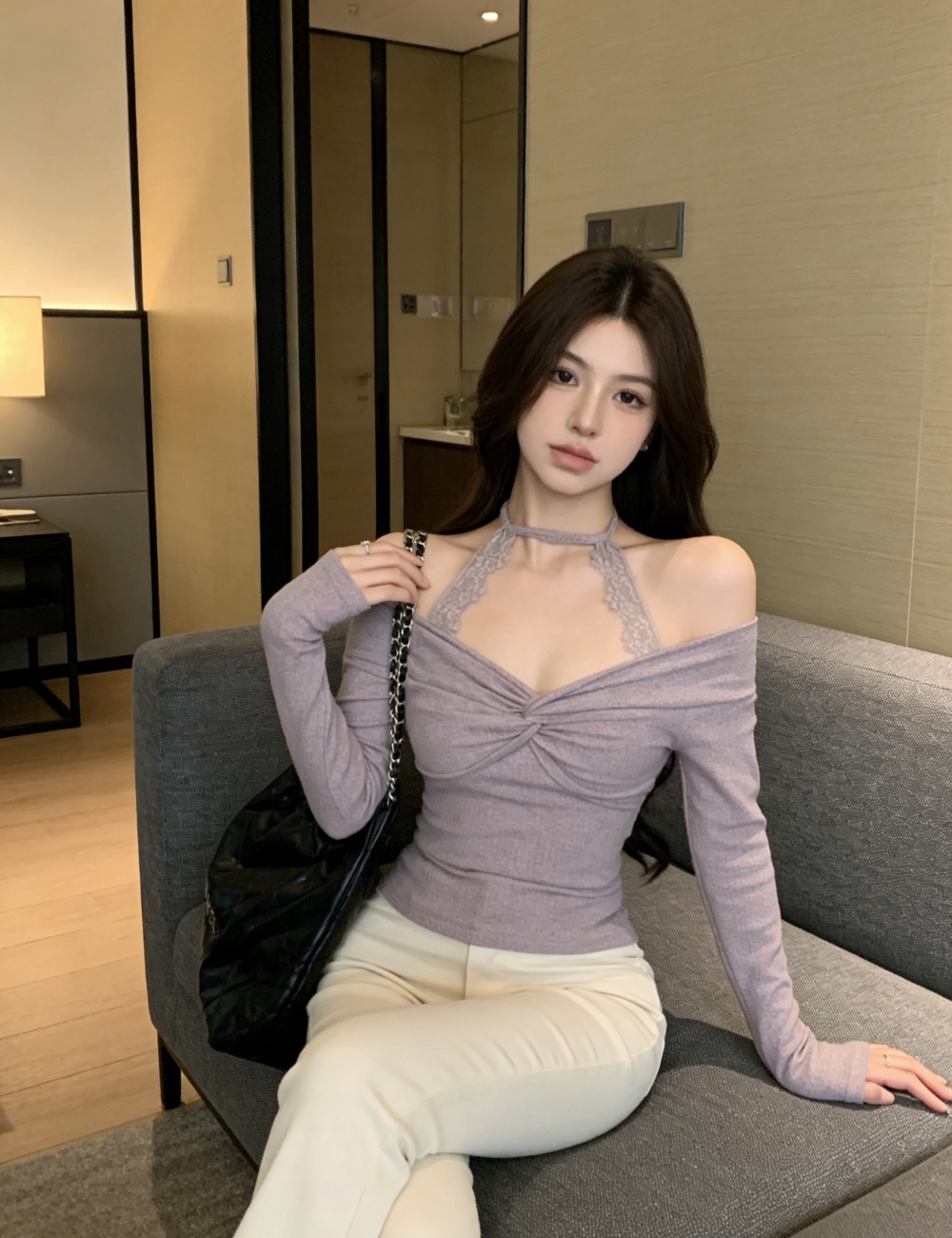 Personality long sleeve short slim halter fashion tops