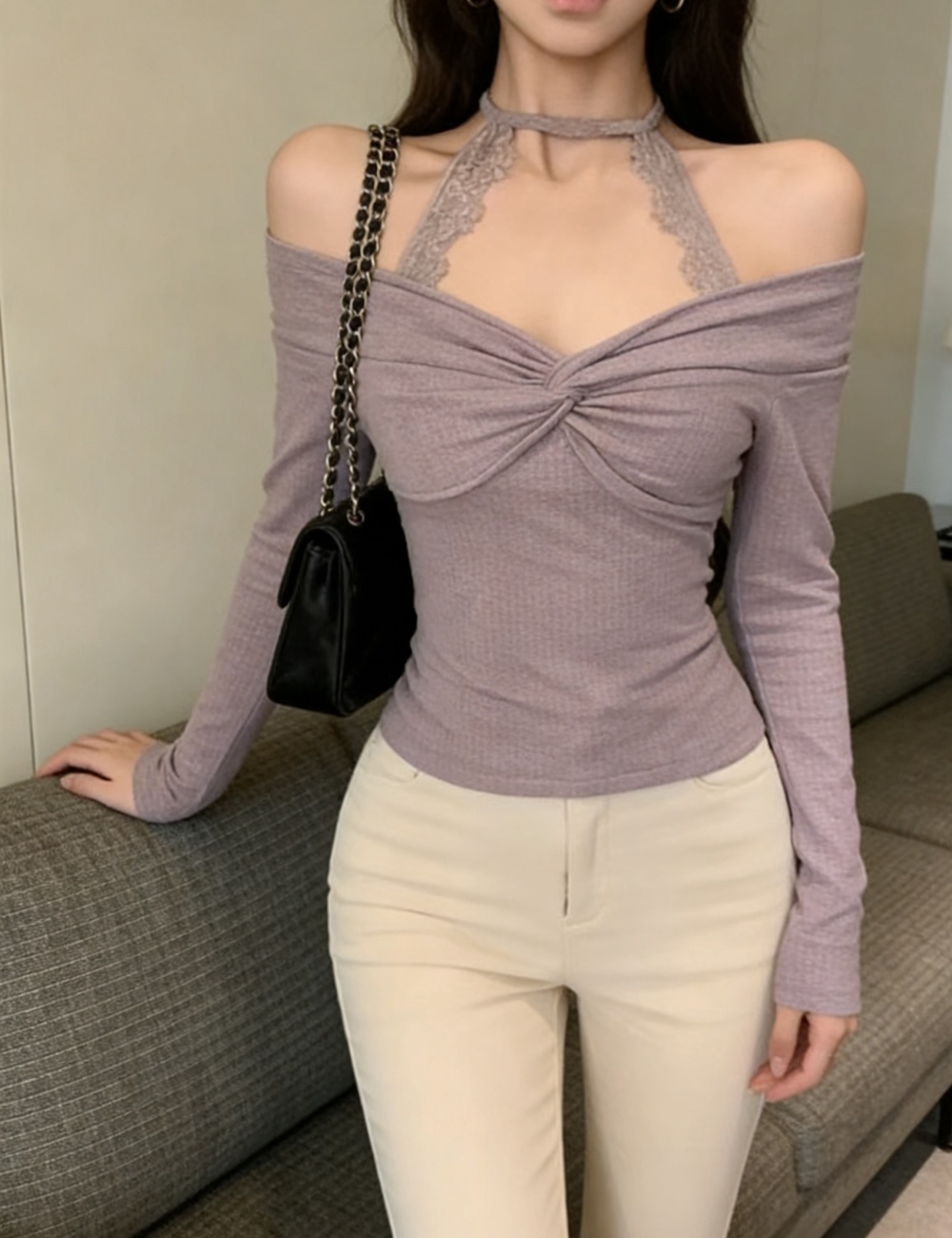 Personality long sleeve short slim halter fashion tops