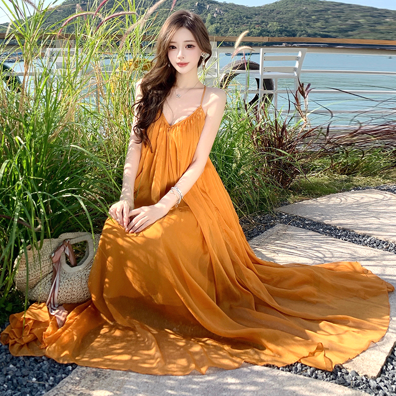 Yellow seaside dress long long dress for women