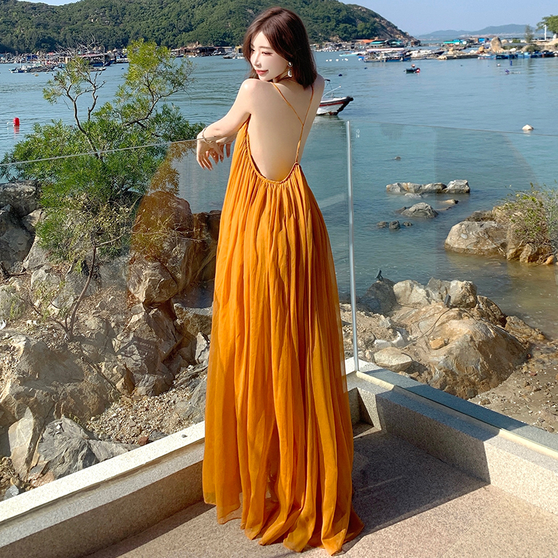 Yellow seaside dress long long dress for women