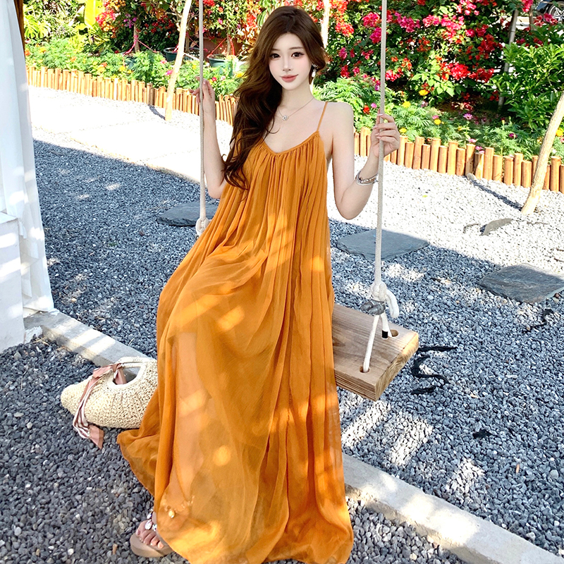 Yellow seaside dress long long dress for women