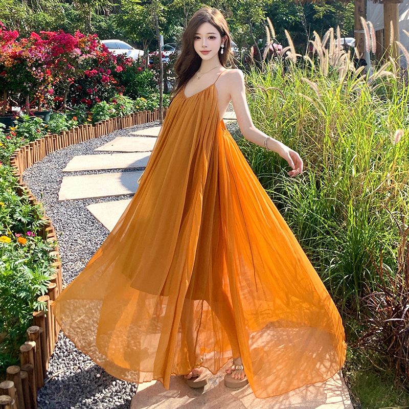 Yellow seaside dress long long dress for women