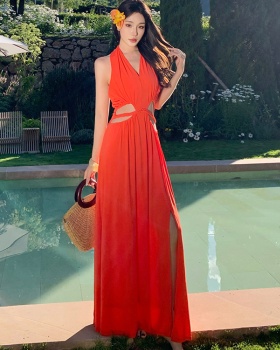 France style split long dress vacation halter dress