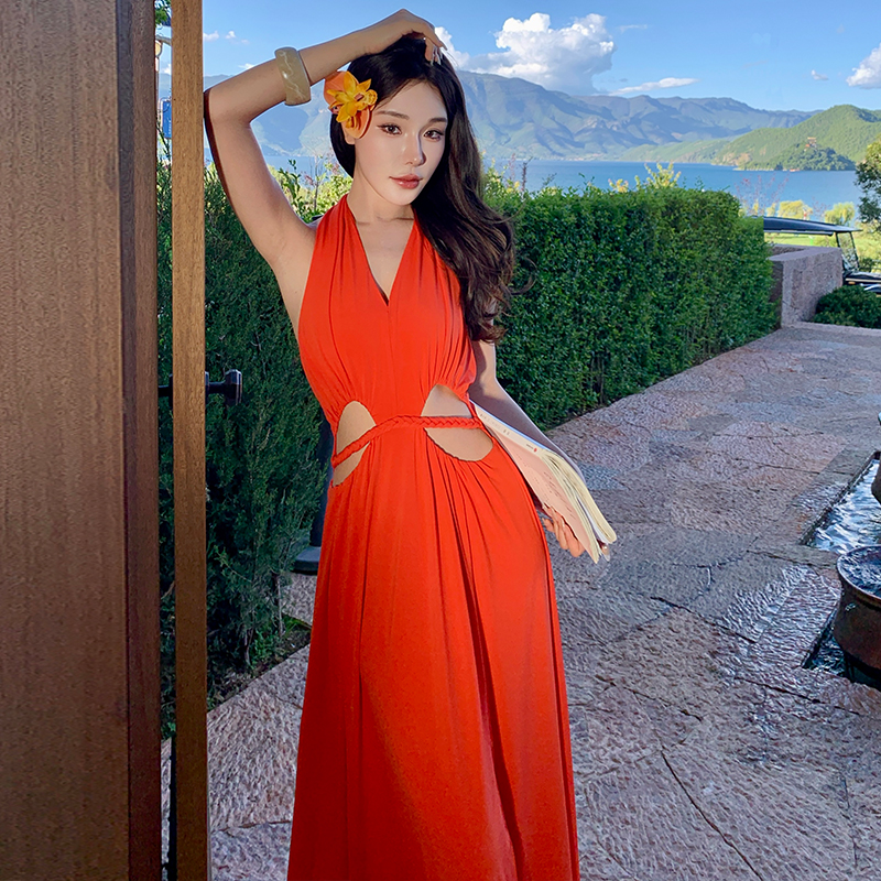 France style split long dress vacation halter dress