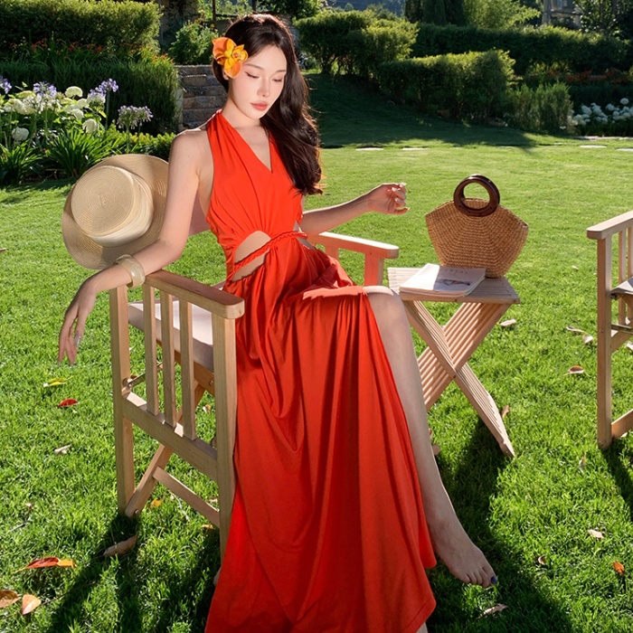 France style split long dress vacation halter dress