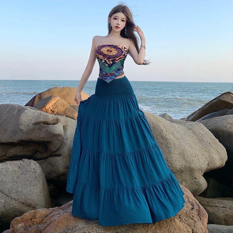 Bohemian style wrapped chest tops slim vacation skirt a set