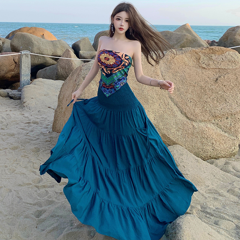 Bohemian style wrapped chest tops slim vacation skirt a set