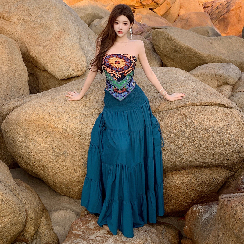 Bohemian style wrapped chest tops slim vacation skirt a set