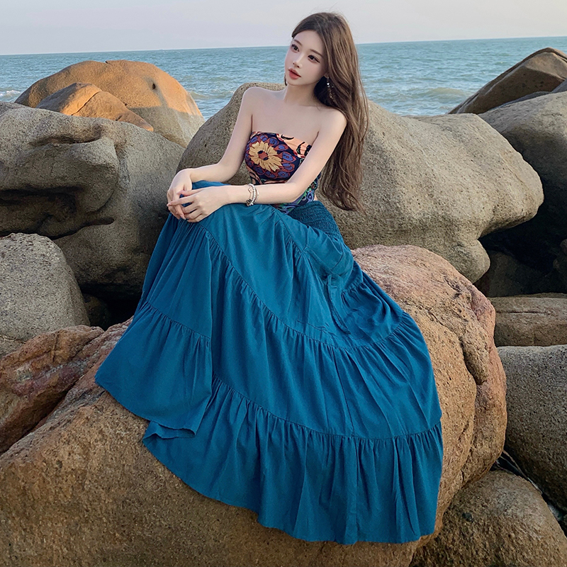 Bohemian style wrapped chest tops slim vacation skirt a set