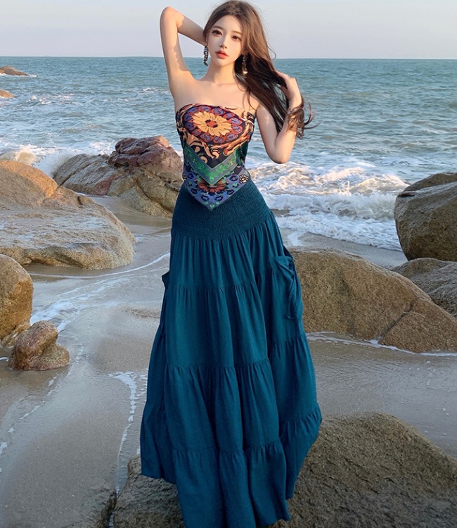 Bohemian style wrapped chest tops slim vacation skirt a set