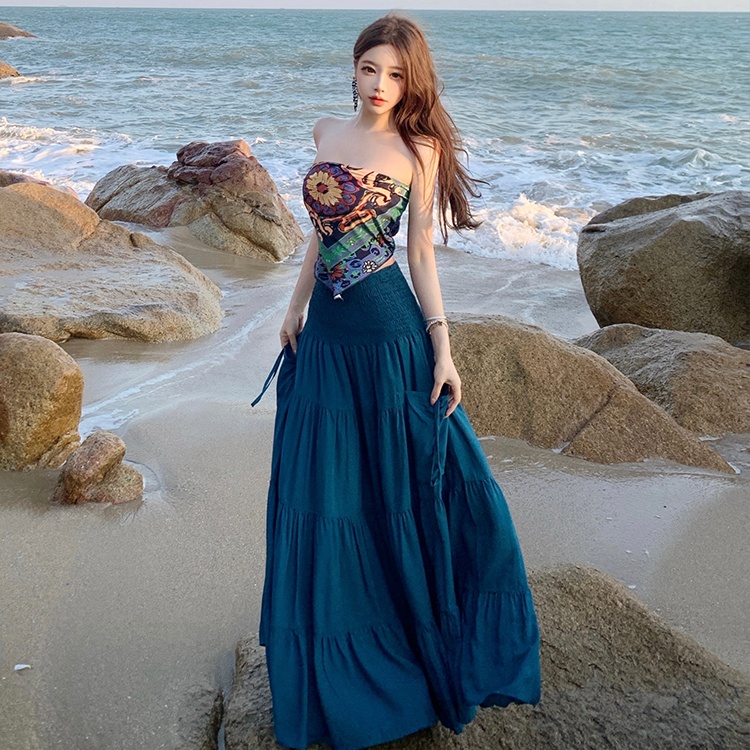 Bohemian style wrapped chest tops slim vacation skirt a set