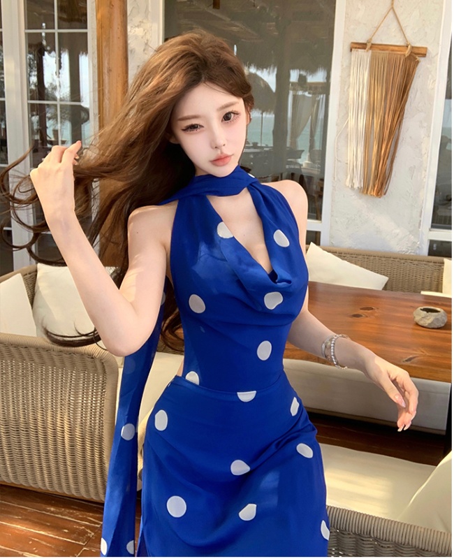 Big sexy spicegirl evening dress polka dot halter dress