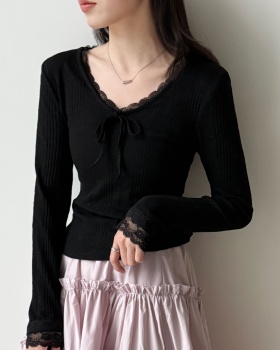 Bow slim bottoming shirt long sleeve lace T-shirt for women