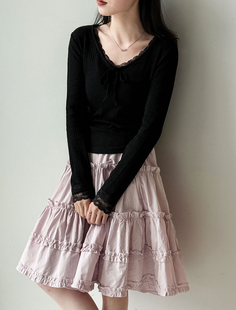 Bow slim bottoming shirt long sleeve lace T-shirt for women