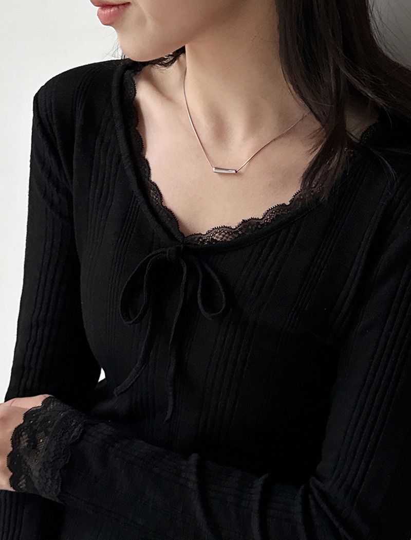 Bow slim bottoming shirt long sleeve lace T-shirt for women