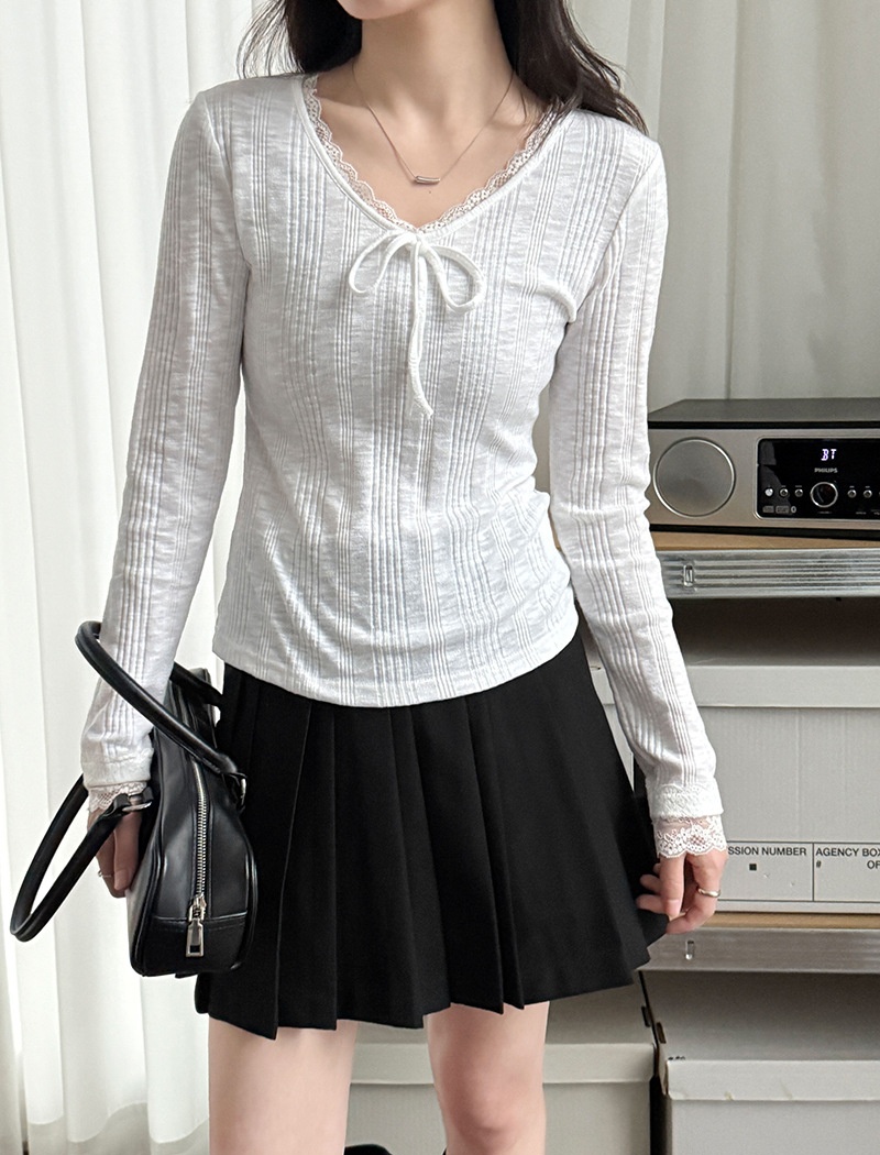 Bow slim bottoming shirt long sleeve lace T-shirt for women