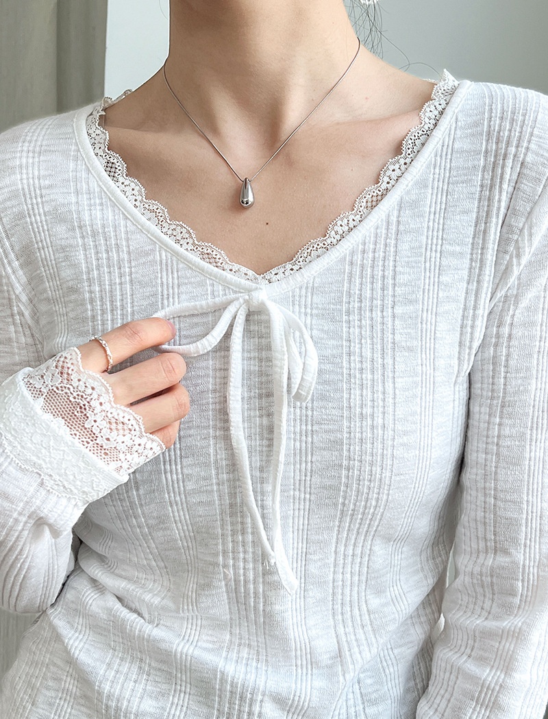 Bow slim bottoming shirt long sleeve lace T-shirt for women