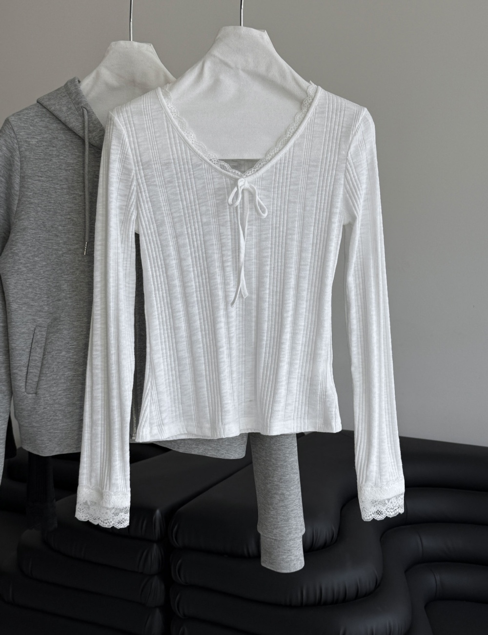 Bow slim bottoming shirt long sleeve lace T-shirt for women