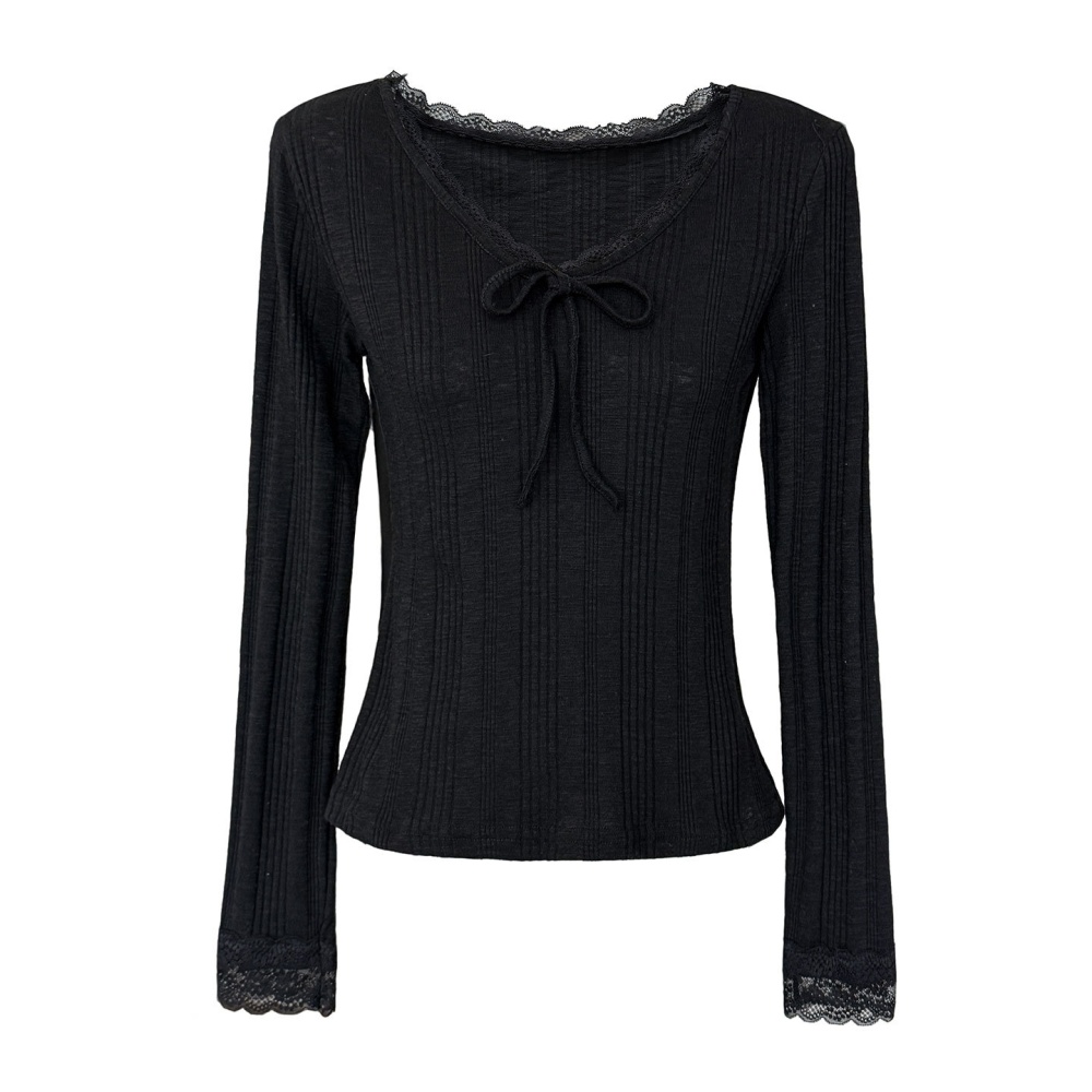 Bow slim bottoming shirt long sleeve lace T-shirt for women