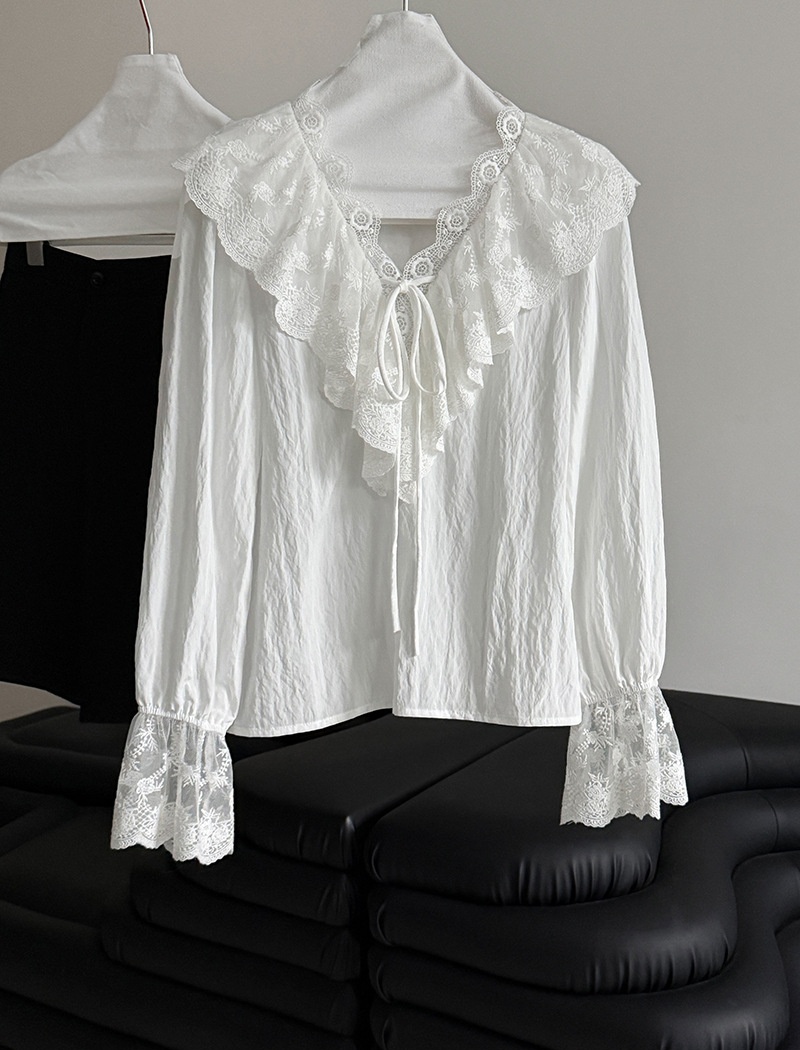 Spring frenum trumpet sleeves tender V-neck lace shirt