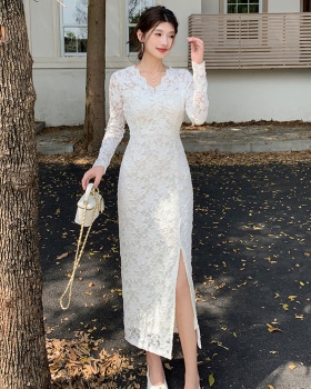 Slim package hip lace V-neck spring long sleeve dress