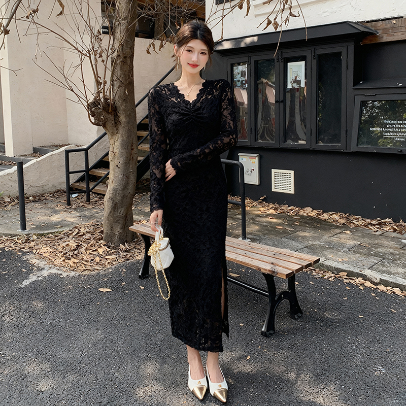 Slim package hip lace V-neck spring long sleeve dress
